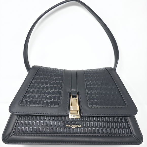 Karl Lagerfeld Paris Black Woven Leather Shoulder Bag Gold Clasp - Picture 9 of 10